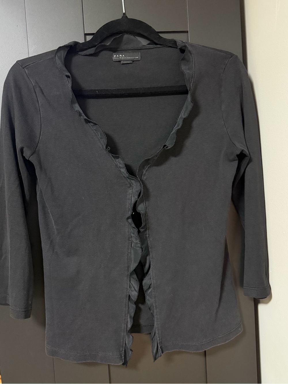 Zara black 3/4 sleeve top with subtle ruffle trim